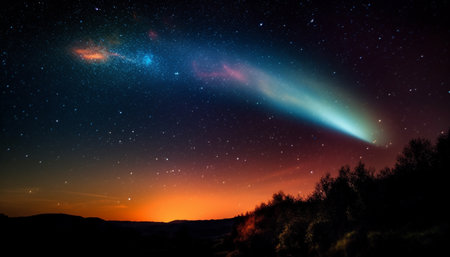 Majestic mountain peak illuminated by multi colored sunset and star trail generated by artificial intelligenceの素材