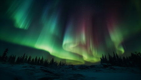 Silhouette of men on mountain peak, illuminated by aurora polaris generated by artificial intelligenceの素材