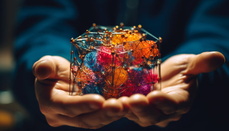 One person holding abstract multi colored Christmas decoration, illuminated with creativity generated by artificial intelligenceの素材