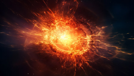 Galaxy ablaze, a fiery inferno of exploding stars and nebula generated by artificial intelligenceの素材