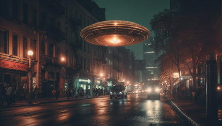 Driving through the neon lit city, men heads turn blue generated by artificial intelligenceの素材