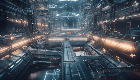 Futuristic machinery illuminates modern factory at night, powered by electricity generated by artificial intelligenceの素材