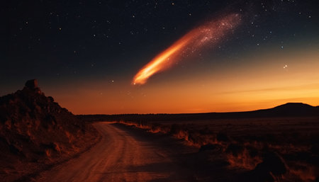 Milky Way galaxy glows in starry night sky, majestic beauty generated by artificial intelligenceの素材