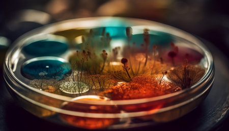 Transparent glass drop reflects multi colored celebration pattern in laboratory experiment generated by artificial intelligenceの素材