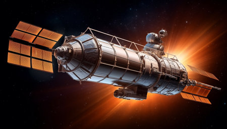 Futuristic spaceship orbits galaxy, exploring star filled nebula with advanced technology generated by artificial intelligenceの素材