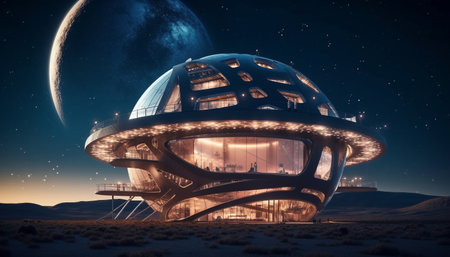 Travel to the illuminated galaxy, explore nature futuristic architecture generated by artificial intelligenceの素材