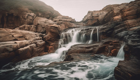 Alberta majestic mountain range meets the rapid seascape at sunset generated by artificial intelligenceの素材