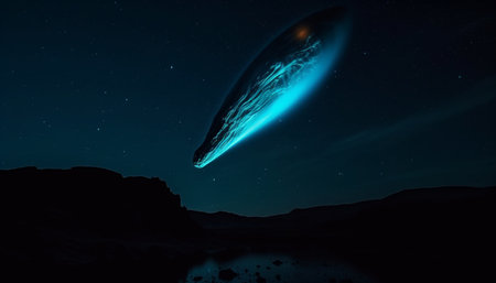 Silhouette of majestic mountain peak under glowing star trail sky generated by artificial intelligenceの素材