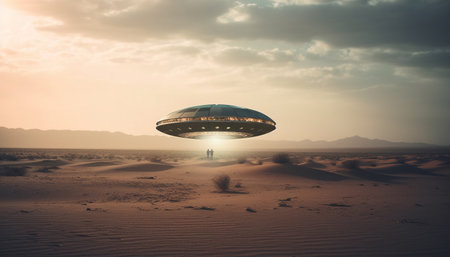 Futuristic spaceship flying through mysterious galaxy, exploring alien environments generated by artificial intelligenceの素材