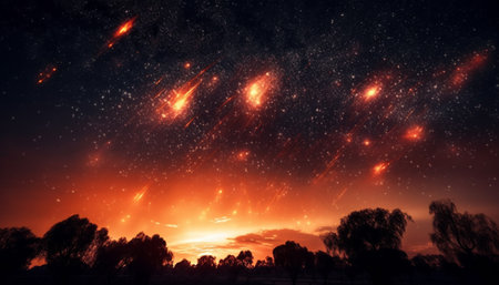 Silhouette illuminated by bright star trail in multi colored sky generated by artificial intelligenceの素材
