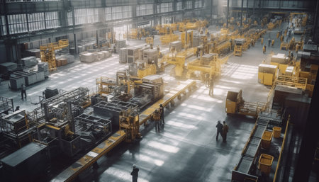 Busy factory workers use machinery to transport metal cargo containers generated by artificial intelligenceの素材