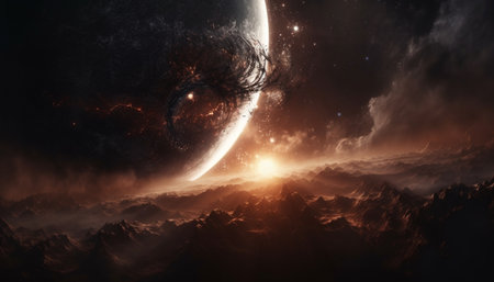 The majestic galaxy glows in the dark night sky generated by artificial intelligenceの素材