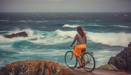 One woman stands on cliff, admiring beauty in nature generated by artificial intelligenceの素材