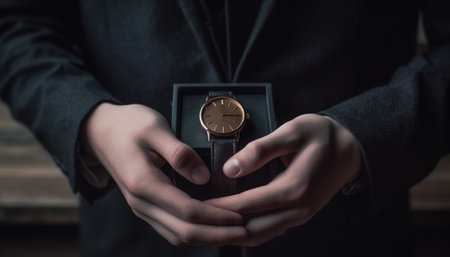 The businessman urgency symbolized by the old fashioned clock minute hand generated by artificial intelligenceの素材