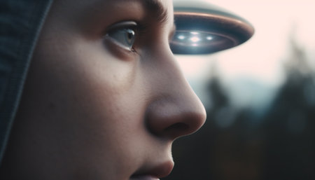 One young woman staring through dark window, lost in contemplation generated by artificial intelligenceの素材