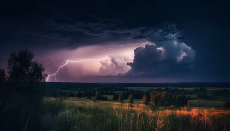 The dark, spooky night sky illuminated by bright lightning strikes generated by artificial intelligenceの素材