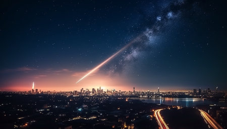 The glowing cityscape ignites the starry night sky with technology generated by artificial intelligenceの素材