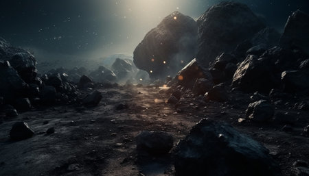 Mountain peak pierces the dark sky, revealing galactic mystery generated by artificial intelligenceの素材