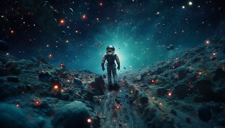 Women underwater scuba diving journey explores the blue galaxy reef generated by artificial intelligenceの素材