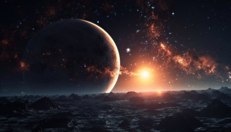 In the dark night sky, a glowing star field sparkles generated by artificial intelligenceの素材