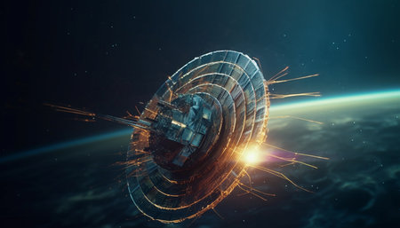 Futuristic spaceship orbits glowing nebula in multi colored abstract design generated by artificial intelligenceの素材