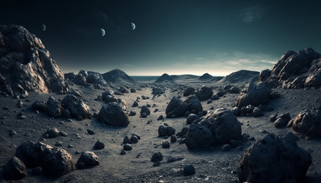 Tranquil sunset on rocky mountain peak, a hiker exploration adventure generated by artificial intelligenceの素材