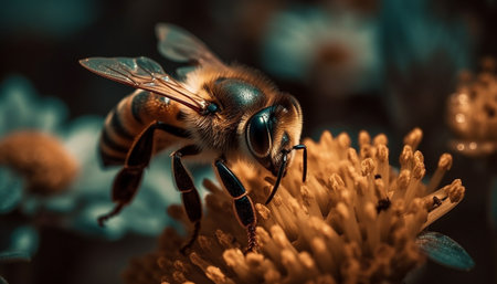 A small, fluffy bee with striped wings pollinates a blue blossom generated by artificial intelligenceの素材