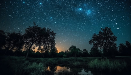 Tranquil scene illuminated by moonlight, star trail in background generated by artificial intelligenceの素材