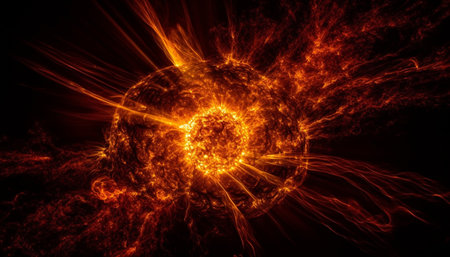 Abstract fiery fractal explodes in glowing natural phenomenon of heat generated by artificial intelligenceの素材
