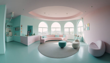 Modern apartment with elegant decor, comfortable sofa, and electric lamp generated by artificial intelligenceの素材