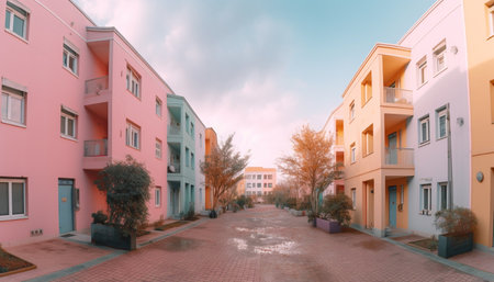 The modern skyscraper pink facade glows at dusk in Caribbean generated by artificial intelligenceの素材