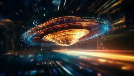 Vibrant city nightlife ignites with futuristic transportation and abstract lighting generated by artificial intelligenceの素材