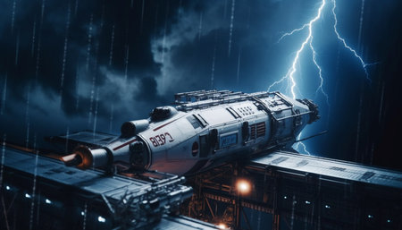 Futuristic electric car speeds through dark cityscape, illuminated by blue lighting generated by artificial intelligenceの素材