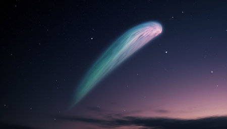 Galactic night sky illuminates mountain landscape in mysterious star trail generated by artificial intelligenceの素材