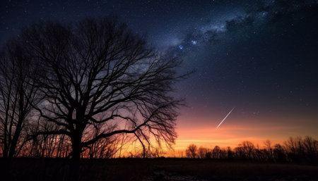 Tranquil scene illuminated tree silhouette under starry winter night sky generated by artificial intelligenceの素材