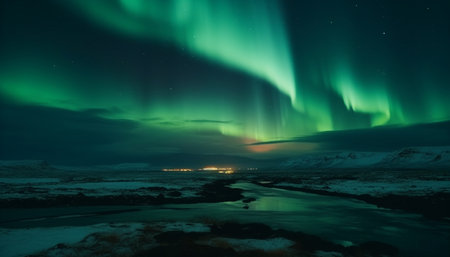 Arctic night sky illuminates majestic mountain range in multi colored mystery generated by artificial intelligenceの素材