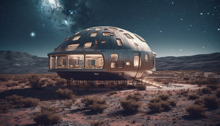 Electric car speeds through mountain range, exploring futuristic landscapes generated by artificial intelligenceの素材