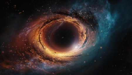 Abstract star field glows with spiral patterns orbiting deep space generated by artificial intelligenceの素材