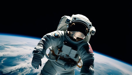 One person in space suit standing on planet, exploring galaxy generated by artificial intelligenceの素材