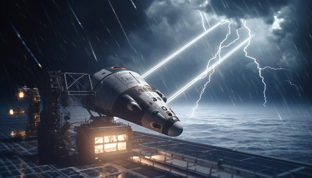 Futuristic spaceship travels through dark galaxy, powered by electricity generated by artificial intelligenceの素材