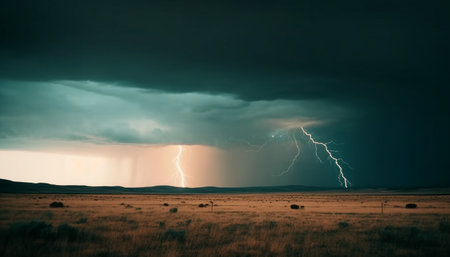 Dramatic sky with forked lightning strikes over rural landscape generated by artificial intelligenceの素材