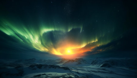 Majestic mountain range illuminated by starry Milky Way at night generated by artificial intelligenceの素材