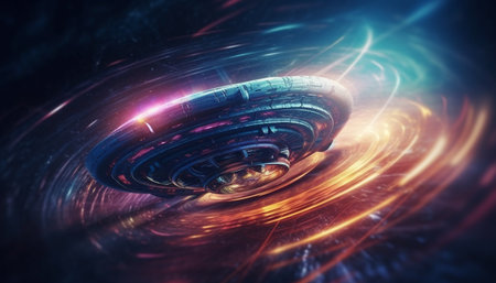 Futuristic spaceship orbits multi colored galaxy in abstract computer illustration generated by artificial intelligenceの素材