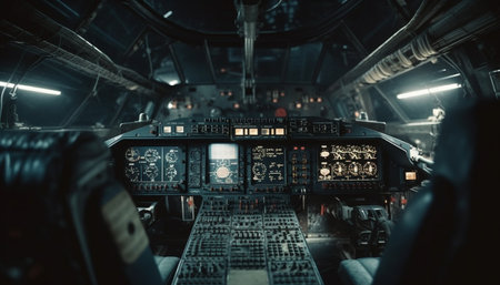 Inside the cockpit of a commercial airplane, engineers control speed generated by artificial intelligenceの素材