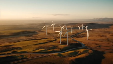 Wind turbines turning in a row, powering sustainable resources generated by artificial intelligenceの素材