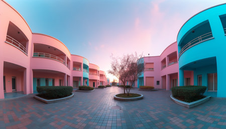 The modern skyscraper glass facade reflects the pink twilight sky generated by artificial intelligenceの素材