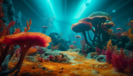 Swimming with colorful aquatic animals in the beautiful underwater landscape generated by artificial intelligenceの素材