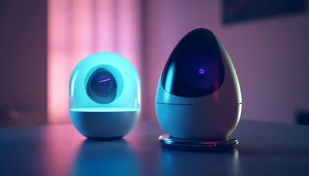 The modern surveillance camera watches closely, reflecting blue backgrounds indoors generated by artificial intelligenceの素材