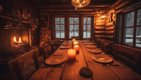 A cozy winter night, illuminated by candlelight and burning wood generated by artificial intelligenceの素材