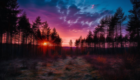 Silhouette of pine tree back lit by orange sunset sky generated by artificial intelligenceの素材